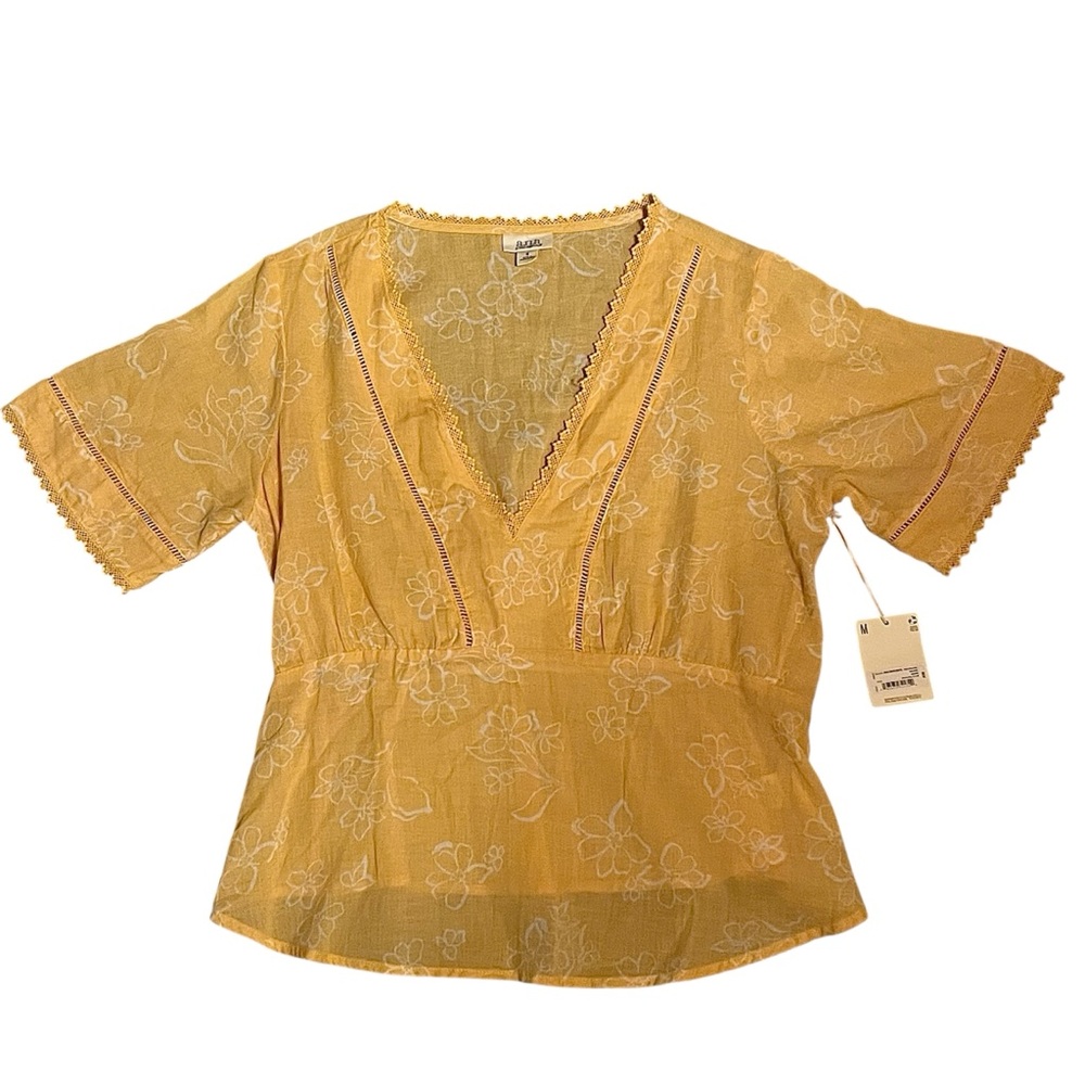 a.n.a Women’s Floral Yellow V-Neck Short Sleeve Blouse